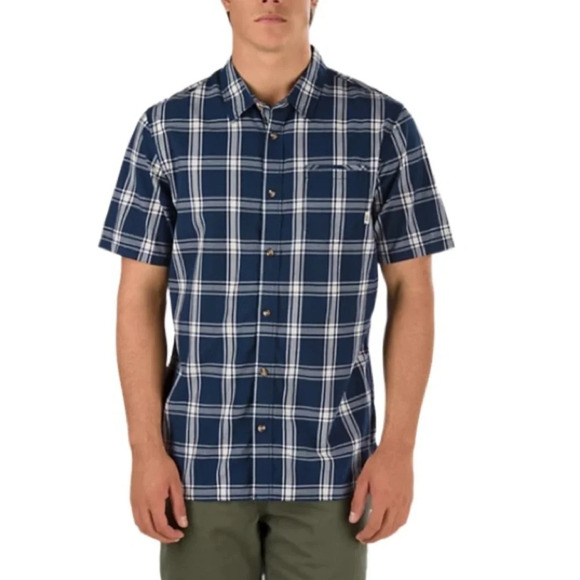 VANS Mens Stafford Plaid Button Down Shirt Classic Fit Navy Logo Skater Size S - Picture 1 of 12